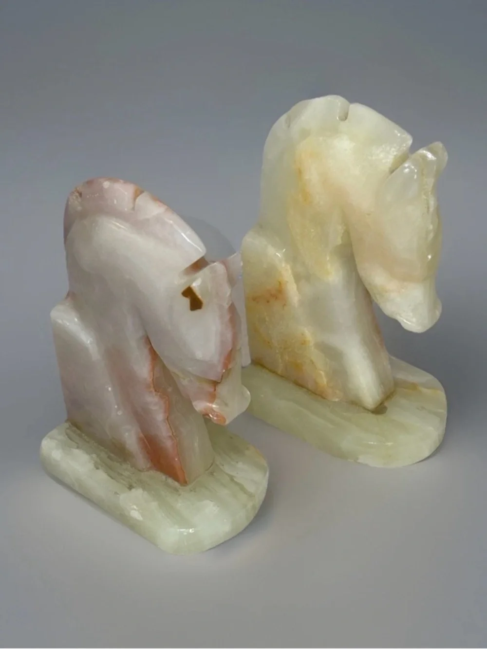 Vintage Hand-Carved Onyx Stone Trojan Horse Head Bookends MCM Art Deco
